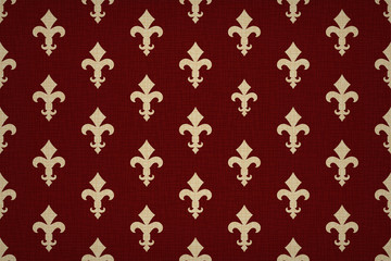 Vintage luxury Fleur-de-lis seamless royal background. France historic  ornamental pattern with heraldic symbol Fleur de Lis. Red and gold style immaculate virgin symbolics. Vector illustration