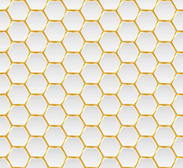Gold and white honey hexagonal cells seamless texture. Mosaic or speaker fabric shape pattern. Technology concept. Honeyed comb grid texture and geometric hive hexagonal honeycombs. Vector