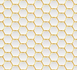 Wall murals Hexagon Gold and white honey hexagonal cells seamless texture. Mosaic or speaker fabric shape pattern. Technology concept. Honeyed comb grid texture and geometric hive hexagonal honeycombs. Vector