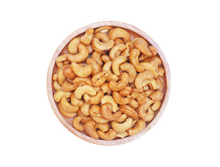 Roasted cashew nuts with salts in wooden dish isolaed on white background with clipping path..