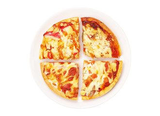 Top view of pizza slice on white dish isolated on white background with clipping path..
