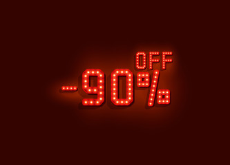 Neon 90 sale off text banner. Night Sign. Vector