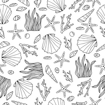 Zentangle stylized seashell and other sea inhabitants seamless pattern. Hand drawn aquatic doodle illustration