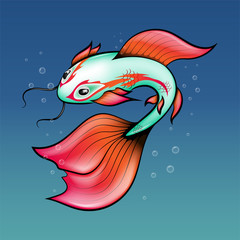 Chinese green carp with bright fins and a pattern around the eyes at sea depths. Vector illustration.