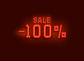 Neon 100 sale text banner. Night Sign. Vector