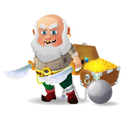 Obraz na płótnie Canvas Cartoon old pirate with a saber on his shoulder guards the treasure. Vector illustration. Eps 10
