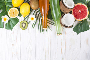 Refreshing drinks among ripe bright tropical fruits