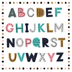 Colourful trendy alphabet for your banners or invitations. Set of hand drawn letters made in vector.&nbsp;Scandinavian style.