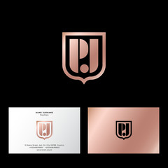 P and J letters in the shield. P, J monogram. Gold letters combined, isolated on a dark background. Web, UI icon. Business card.