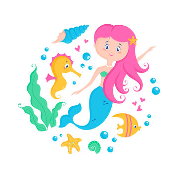 Mermaid and sea animals. Cute vector illustration.