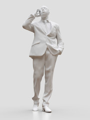 Plastic figure of a black man in a suit talking on the phone. 3d rendering.