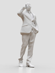 Plastic figure of a black man in a suit talking on the phone. 3d rendering.