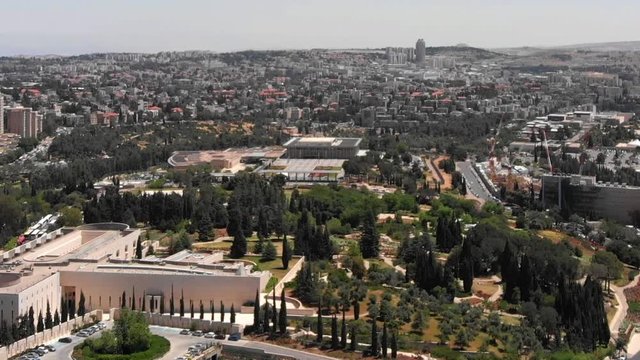 Jerusalem center with kneset parlament Aerial Flying over Jerusalem center with kneset parlament 