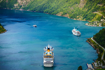 Fototapeta premium Fjord Geirangerfjord with cruise ship, Norway.