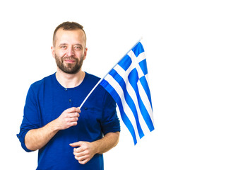 Man with greek waving flag, on white