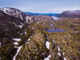 Aerial view. Road and lakes in mountains Norway