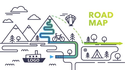 Traveler's road map with paraglider and clouds. Infographic route concept. Road map with sea and mountain. Thin line art design.