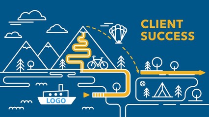 Customer success. Customer support on the way to the goal. Infographic route concept. Thin line art design.