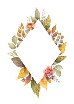 Watercolor vector autumn frame with roses and leaves isolated on white background.