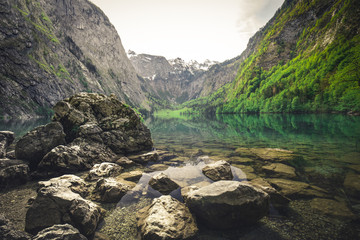Obraz premium Nature panorama at lake Obersee, near Koenigssee in Berchtesgaden, Bavaria