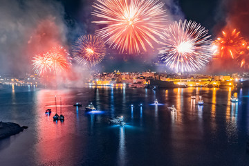 Malta fireworks festival in Valletta. Concept travel. Aerial photo - obrazy, fototapety, plakaty