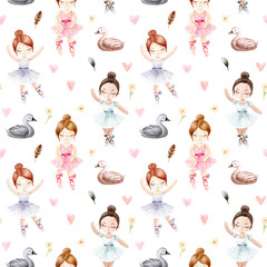 Seamless pattern. Watercolor ballerina. Hand painted illustration isolated white background.