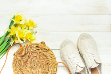 Fashionable natural organic round rattan bag, beige women's espadrilles yellow narcissus daffodil...