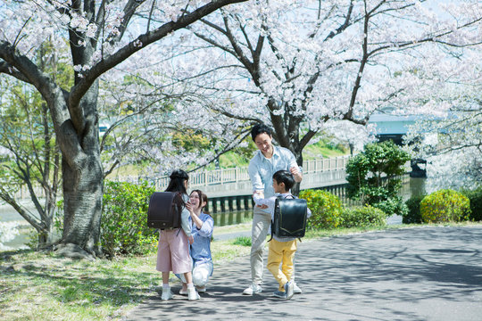 桜の木の下に立つ幸せな家族