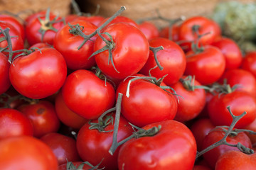 red fresh tomatoes on branch in wicker baskets on counter
