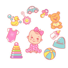 Baby  design template. cute little  baby girl sitting, wear pajamas