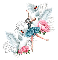 Watercolor illustration of ballet dancers with peony flowers and romantic birds