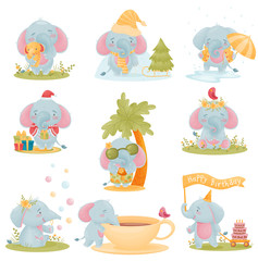Set of cute baby elephants. Vector illustration on white background.