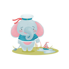 Baby elephant in a striped shirt holding a sailboat on the rope. Vector illustration on white background.