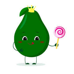 Kawai cute avocado fruit cartoon character in a crown with a lollipop. Logo, template, design. Vector illustration, flat style
