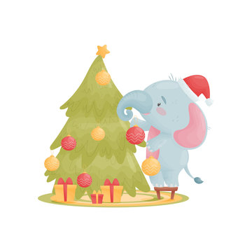 Humanized baby elephant dresses up a Christmas tree. Vector illustration on white background.