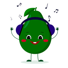 Kawaii cute avocado fruit character in cartoon style listening to music with headphones. Logo, template, design. illustration, flat style