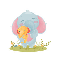 Humanized cute baby elephant is holding a soft toy. Vector illustration on white background.