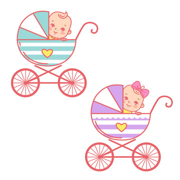 Baby boy and girl in carriage. Baby stroller and kids objects around. 