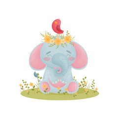 Humanized cute baby elephant sits with a wreath of flowers on his head. Vector illustration on white background.
