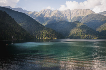 Mountain lake. Lake Ritsa is in the northern part of Abkhazia, is a lake in the Caucasus Mountains