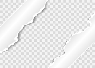 Torn white horizontal paper strips are on squared background. Vector illustration
