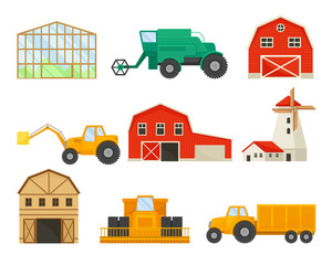Set of images of transport and buildings for agriculture. Vector illustration on white background. © Happypictures