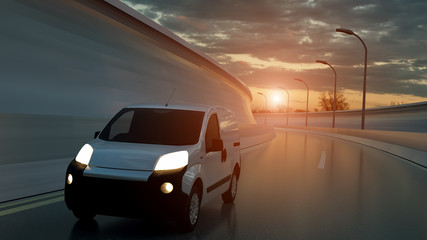 Fototapeta na wymiar White delivery van on highway. Transport and logistic concept. 3D Illustration