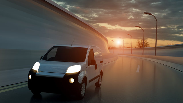 White delivery van on highway. Transport and logistic concept. 3D Illustration