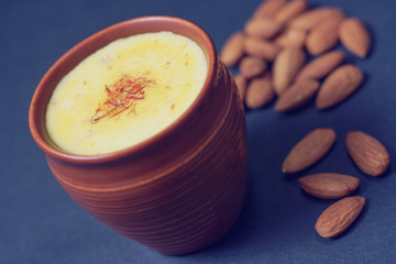 Indian traditional drink almond milk with saffron. Badam milk