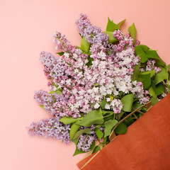 Bouquet of lilac in a red paper bag. Spring shopping concept.
