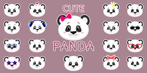 White stroke sticker, cute panda bear head, mega set of different emotions and accessories. Cartoon style, flat design, vector illustration