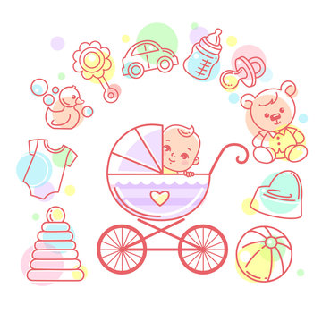 Baby in carriage. Baby stroller and kids objects around.