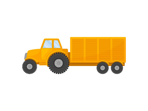 Big yellow tractor with a cart. Vector illustration on white background.