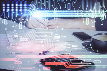 Writing Man hands with data theme multi exposure icons.